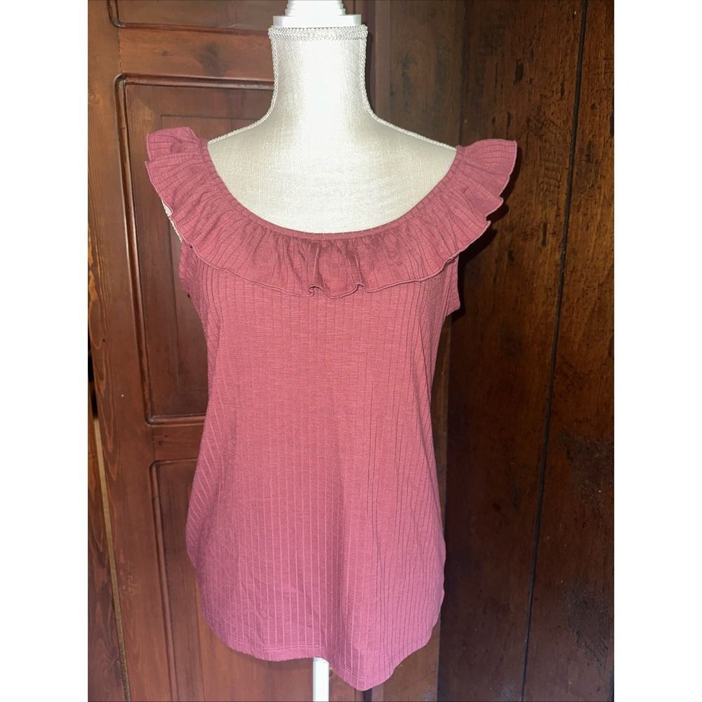 Womens Loft Outlet Ribbed Mauve Ruffled‎ Tank Top Size Large EUC